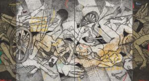 <b>Samir Aich</b><br>Kurukshetra<br>Acrylic, Conte on Canvas <br> 58 x 108 Inches<br>Unknown