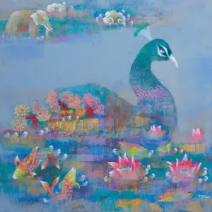 <b>Shampa Sircar Das</b><br>Mayura<br>Acrylic on Canvas<br>36 x 36 Inches<br>2022