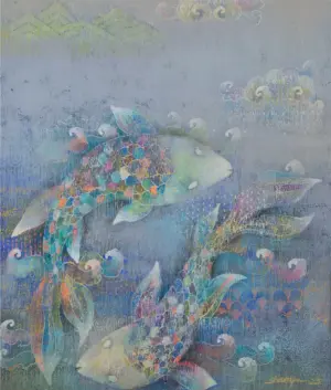 <b>Shampa Sircar Das</b><br>Matsaya<br>Acrylic on Canvas<br>14 x 12 Inches<br>2023