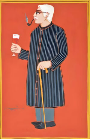 <b>Lalu Prasad Shaw</b><br>Man With a Wine Glass<br>Tempera on Nepali Paper Mounted on Board<br>22.8 x 30 Inches<br>2020