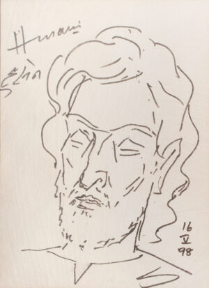 <b>M.F Husain</b><br>Self Portrait<br>Ink on Paper<br>15 x 12 Inches<br>1998
