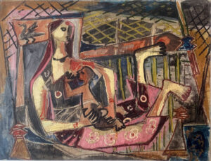 <b>Shanti Dave</b><br>Untitled (Mother and Child) <br>Oil on Paper<br>13.5 x 28.25 Inches<br>1955