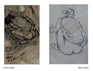 <b>Benod Behari Mukherjee</b><br>Untitled (Double Sided Work)<br>Pen and Ink on Paper <br> 4 x 2 Inches (Front Side) <br>3 x 2 Inches (Rear Side)<br> Unknown