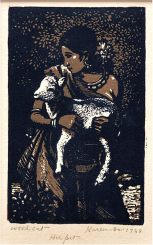 <b>Haren Das</b><br>Her Pet <br>Woodcut on Paper<br> 3.3 x 5.4 Inches<br>1948