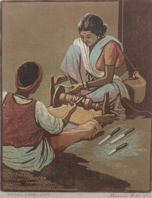 <b>Haren Das</b><br>Knife Grinder<br>Colour Woodcut on Paper<br> 8.1 x 6.4 Inches<br>1959