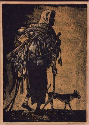 <b>Haren Das</b><br>With Her Belongings<br>Woodcut on Paper<br> 9.2 x 13.1 Inches<br>1985