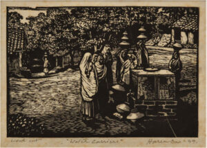 <b>Haren Das</b><br>Water Carriers<br>Woodcut on Paper<br> 6.5 x 4.5 Inches<br>1949