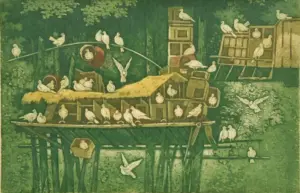 <b>Haren Das</b><br>Sweet Home<br> Colour Etching on Paper<br> 12.2 x 8 Inches<br>1997