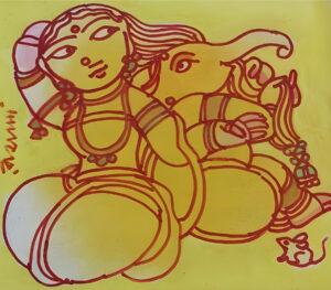 <b>Ramananda Bandopadhyay </b><br> Durga and Ganesh <br> Pen and Ink and Dry Pastel on Paper <br> 11 x 9 Inches <br>Unknown