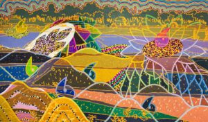 <b>Tawatchai Somkong </b><br>Fate in God's Hands: Rainbow, Fields, Village <br>Oil on Canvas <br> 78.7 x 133.8 Inches<br>2022