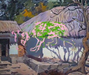 <b>Tawatchai Somkong </b><br>Mud House and Puppy in a Santhal Village <br>Oil on Canvas <br> 66.9 x 78.74 Inches<br>2022