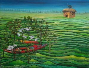 <b>Amit Singh Slathia</b><br>Displaced Placed Displaced<br>Acrylic on Canvas<br>60 x 48 Inches <br>2020