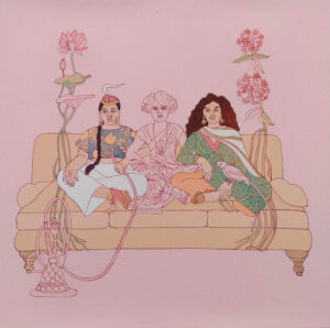 <b>Mainaz Bano</b><br>Equilibrium of Inheritance<br>Acrylic on Canvas<br> 36 x 60 Inches <br>2023