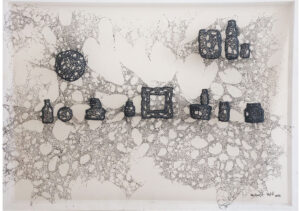 <b>Prashant Shashikant Patil</b><br>Story of Wall<br>Glue Gun Sticks on Transparent Muslin Cloth<br> 57 x 45 Inches <br>2023