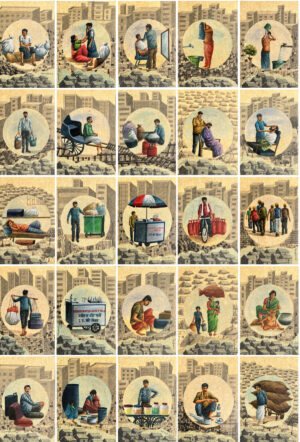 <b>Satyaranjan Das</b><br>Displacement - II <br>Watercolour, Graphite, Ink on Canson, Graph and Banana Paper <br> 47.5 x 60 Inches <br>2022