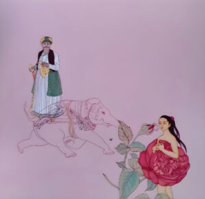 <b>Mainaz Bano</b><br>Equilibrium of Inheritance<br>Acrylic on Canvas<br> 36 x 60 Inches <br>2023