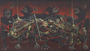<b>Samir Aich/b><br>Dance of Monsters<br>Acrylic and Oil on Canvas<br>48 x 48 Inches<br>2020