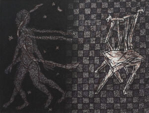 <b>Samir Aich/b><br>Leaving Behind<br>Dry Pastel, Acrylic, Conte, Pen, Ink and Brush on Acid free Fabriano Paper<br>12 x 14.5 Inches<br>2021