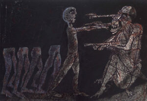 <b>Samir Aich/b><br>The Protest<br>Dry Pastel, Acrylic, Conte, Pen, Ink and Brush on Acid free Fabriano Paper<br>12 x 17.5 Inches<br>2022