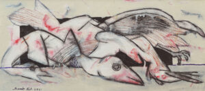 <b>Samir Aich/b><br>Fallen Birds<br>Acrylic and Oil on Acid free Fabriano Paper<br>11 x 22.5 Inches<br>2021