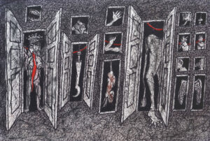 <b>Samir Aich/b><br>The Share Market<br>Dry Pastel, Acrylic, Conte, Pen, Ink and Brush on Acid free Fabriano Paper<br>12 x 17.5 Inches<br>2021