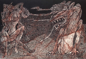 <b>Samir Aich/b><br>Love and Hatred<br>Dry Pastel, Acrylic, Conte, Pen, Ink and Brush on Acid free Fabriano Paper<br>12 x 17.5 Inches<br>2022