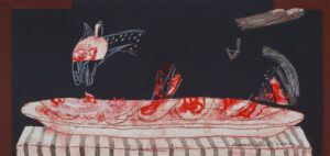 <b>Samir Aich/b><br>The Dinner<br>Dry Pastel, Acrylic, Conte, Pen, Ink and Brush on Acid free Fabriano Paper<br>9 x 18.5 Inches<br>2021