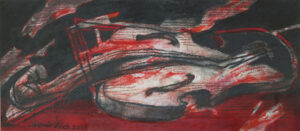 <b>Samir Aich/b><br>The Violin<br>Dry Pastel, Acrylic, Conte, Pen, Ink and Brush on Acid free Fabriano Paper<br>8.5 x 19 Inches<br>2022