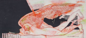 <b>Samir Aich/b><br>The Fallen Dream<br>Dry Pastel, Acrylic, Conte, Pen, Ink and Brush on Acid free Fabriano Paper<br>9 x 19.5 Inches<br>2022